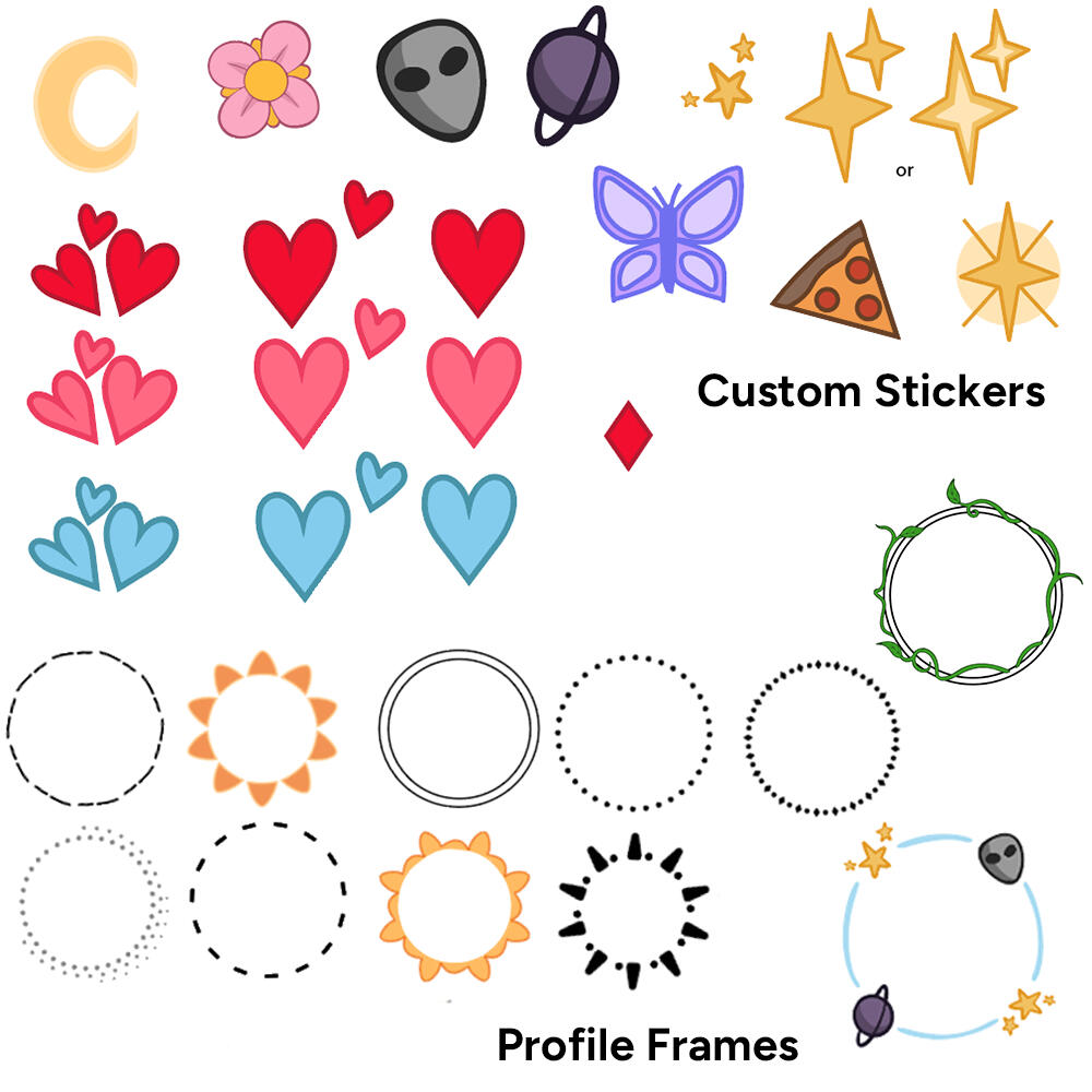 Custom assets created for an application. A collection of custom stickers and profile frames created for an app. Cartoon styled. Hearts, an alien, crescent moon, pizza, etc. The profile frames are vines, a sun, alternating patterns of dots, etc.