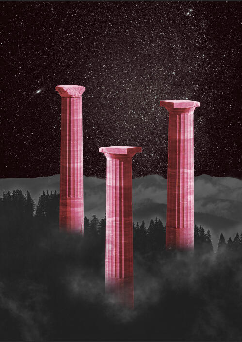 Commissioned wall art. Collaged artwork. Three red marble pillars towering over a foggy forest with mountains in the background. The background is desaturated except for the sky. The sky is full of stars and is a dark red color.